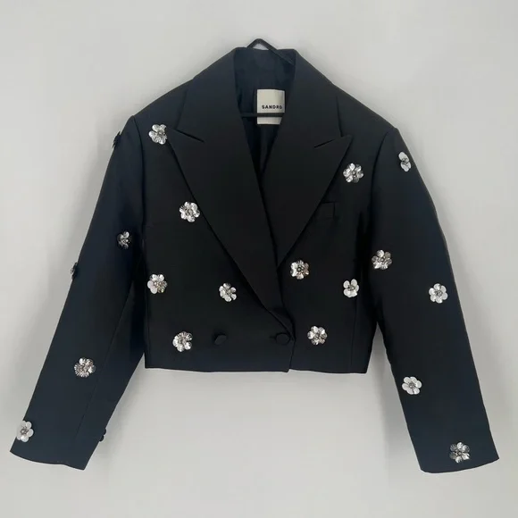 Sandro Flower Floral 3D Embellished Cropped Double Breasted Blazer Satin Jacket - Picture 1 of 9